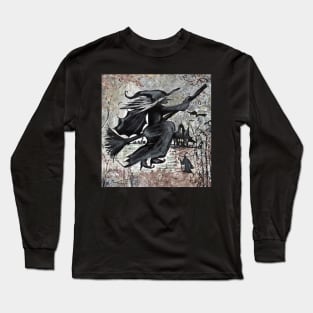 Creepy black and white scary Halloween witch on a broom Long Sleeve T-Shirt